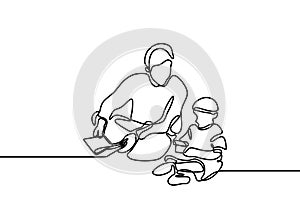 Continuous one line drawing of Father teach to read holy quran to her son