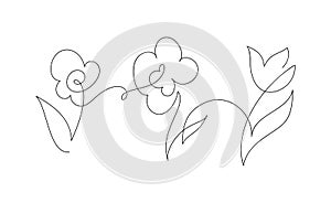 Continuous one line drawing flowers. Black and white vector illustration. Concept for logo card, banner, poster, flyer