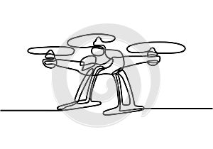 Continuous one line drawing flying quadcopter drone with minimalist design isolated in white background