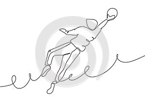Continuous one line drawing of football player jump and catch the ball. Concept of keeper defense during match game. Vector