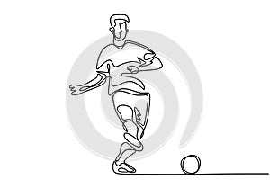 Continuous one line drawing of football player kick a ball during the game sport. Vector minimalism singe hand drawn design