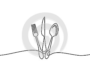 Continuous one line drawing.Forks, spoons, knife plates and all eating and cooking utensils, can be used for restaurant logos, cak