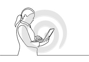 Continuous one line drawing girl with laptop vector illustration. Woman holding notebook for office job