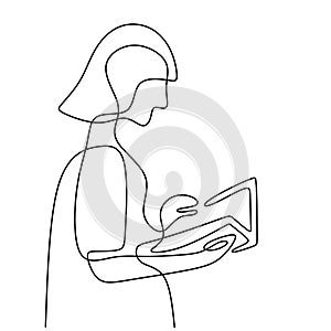 Continuous one line drawing of a girl reading book. Cute woman focus on book page to study in the library hand-drawn picture
