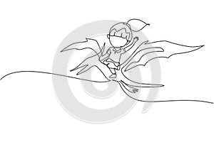 Continuous one line drawing girl riding flying dinosaur. Pterodactyl ride with young kid sitting on back of dinosaur and flying
