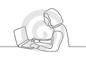 Continuous one line drawing of girl writing or typing with laptop computer