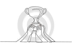 Continuous one line drawing golden trophy held by many hands. Symbol of winning championships, matches and sports competitions.