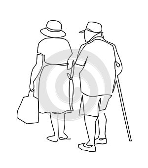 Continuous one line drawing of grandparents go hand in hand view from the back. Happy elderly couple walking with bag