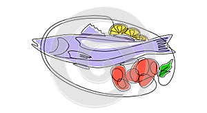 Continuous one line drawing of grilled salmon fish on plate. Roasted seafood dish with lemon and vegetables in simple