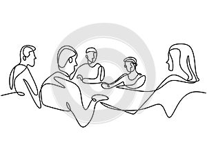 Continuous one line drawing of group of business people having discussion in conference room. Professional young business team is