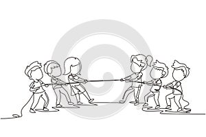Continuous one line drawing group of children playing tug of war. Kids playing tug of war at park. Girls and boys pull rope,