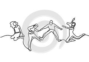 Continuous one line drawing of group four people jump happy moment women and men isolated on white background