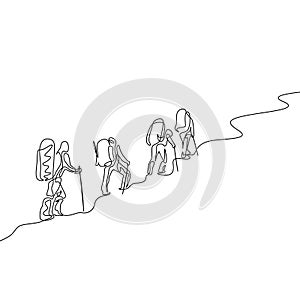 Continuous one line drawing group of four travelers hiking in the mountains