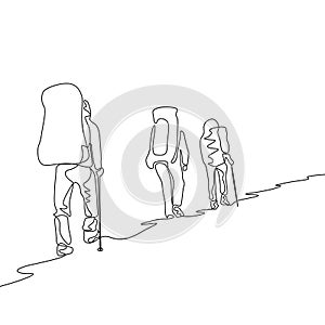 Continuous one line drawing group of three travelers hiking