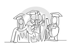 Continuous one line drawing group of young happy graduate male and female college student wearing gown and holding diploma