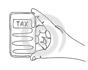 Continuous One Line drawing of Hand and calculator. Calculation of Tax debt. Cost calculating. Budget planing. Problem
