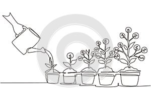 Continuous one line drawing hand with can watering money plant in pot. Step of coins stacks, money saving and investment or family
