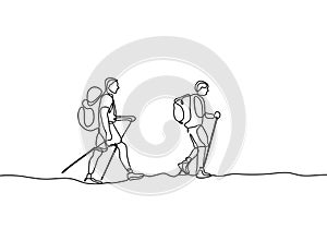 Continuous one line drawing of hand drawn traveling people with backpacks silhouettes. Vector illustration. Element for you design
