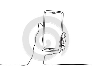 Continuous one line drawing of hand hanging phone or smartphone