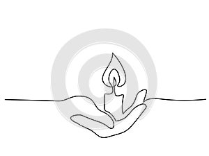 Continuous one line drawing. Hand holding burning candle