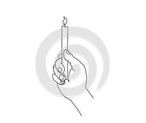 Continuous one line drawing of hand holding burning candle. Candle burn simple line art vector design