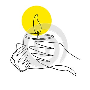 Continuous one line drawing of a hand holding burning candle. Human hands holding a memory candle. Melting wax candle in left hand