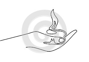 Continuous one line drawing of hand holding burning candle. Minimalism vector isolated on white background