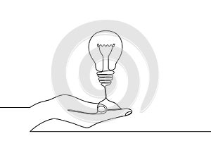 Continuous one line drawing of hand holding electric light bulb at palm arm. Concept of idea emergence or generate and giving idea