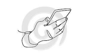 Continuous one line drawing of hand holding phone or smartphone. Modern Vector illustration design of smart mobile technology