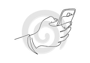 Continuous one line drawing of hand holding phone or smartphone. Vector illustration minimalism design smart mobile technology