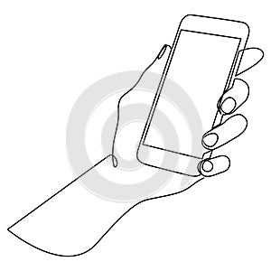 Continuous one line drawing of hand holding smartphone. Human hand using modern mobile phone.