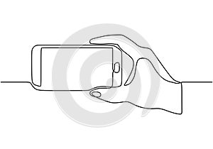 Continuous one line drawing of hand holding smartphone vector. Technology cell phone theme design