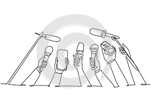 Continuous one line drawing hand with microphone. Journalism concept. Set of hands holding microphones. Press hands flat hand.