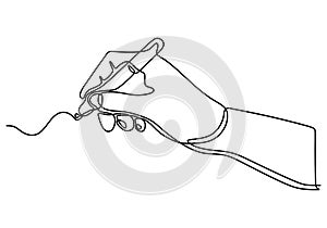 Continuous one line drawing hand palm fingers gestures pen, pencil. Ballpoint in hand. Writing or drawing with ink pen. Vector