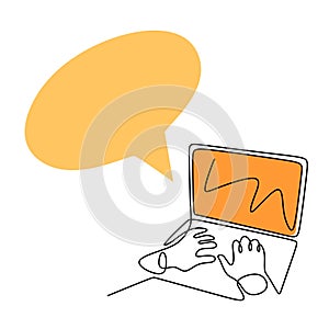 Continuous one line drawing of hand typing on laptop keyboard. A people using a computer to sharing multimedia content with