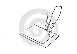 Continuous one line drawing of hand writing holding an ink pen or pencil. Minimalism design vector isolated on white background