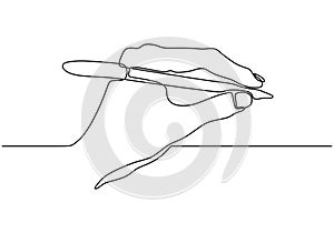 Continuous one line drawing of hand writing holding an ink pen or pencil. Minimalism design vector isolated on white background