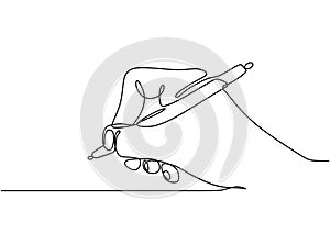 Continuous one line drawing of hand writing with an ink pen minimalism design photo