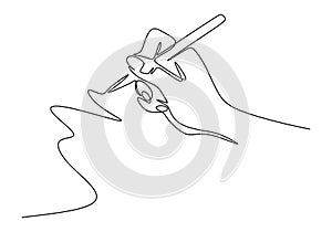 Continuous one line drawing of hand writing minimalism style. Fingers holding ink pen or pencil to draw or write on paper