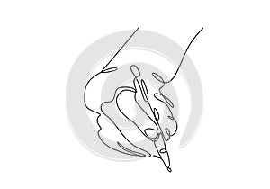 Continuous one line drawing of hand writing. Person holding a ink pen or pencil minimalism design vector illustration. Simplicity