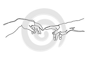 Continuous one line drawing of hands going to touch together. One line art of touching fingers. Vector