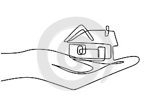 Continuous one line drawing of a hands holding a miniature house