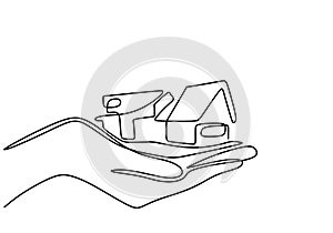 Continuous one line drawing of a hands holding a miniature house
