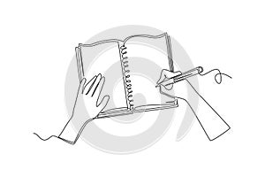 Continuous one line drawing of hands holding pens and pencils, writing letter on paper, taking notes in notebook