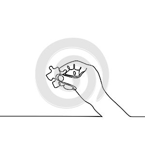 continuous one line drawing of hands solving jigsaw puzzle minimalist design