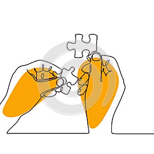 continuous one line drawing of hands solving jigsaw puzzle minimalist design