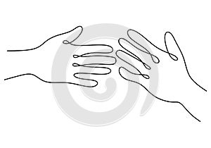 Continuous one line drawing hands woman and man holding together. The concept of romantic couple is loving each other hand drawn