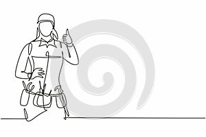 Continuous one line drawing handywoman with thumbs-up gesture is ready to work on repairing the damaged part of the house in a