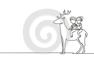Continuous one line drawing happy boy and girl riding deer together. Children sitting on back deer with saddle in ranch ground.