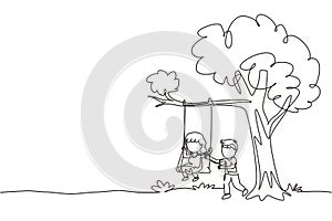 Continuous one line drawing happy boys and girls playing on tree swing. Cheerful kids on swinging under a tree. Cute children